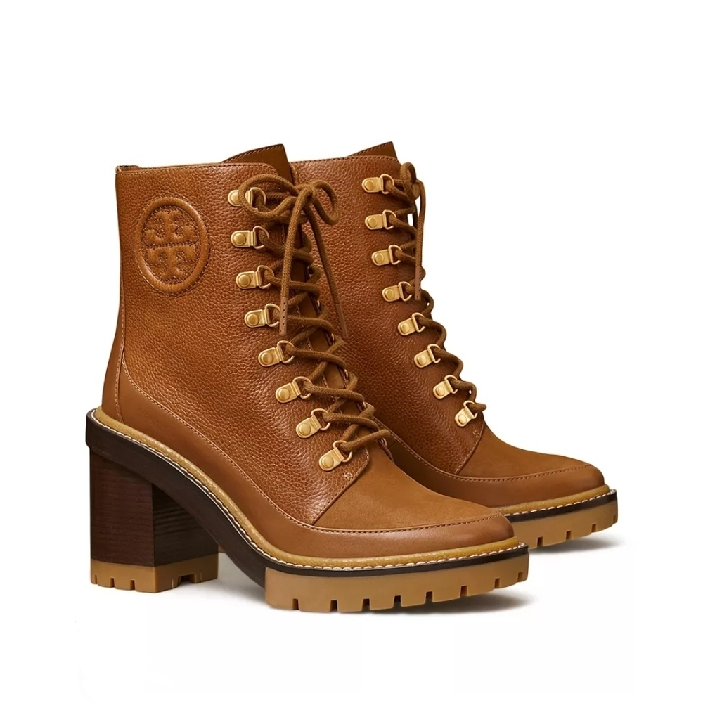 Tory Burch Brown Lug Soled Heeled Lace-Up Boots
